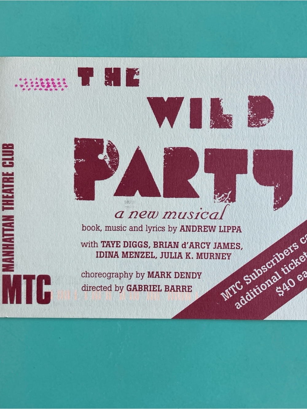 The Wild Party Subscriber Postcard Taye Diggs Idina Menzel Brian d'Arcy James